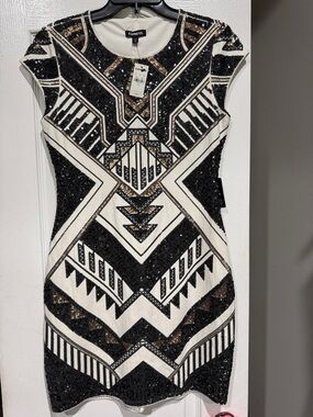 Express Black, White & Gold Geometric Sequin Mini Dress